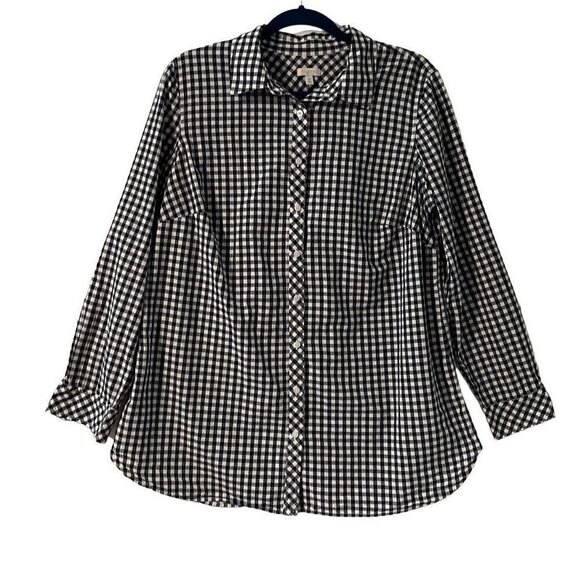 Talbots black and white check cotton classic tab sleeve button shirt 1X - Picture 1 of 12